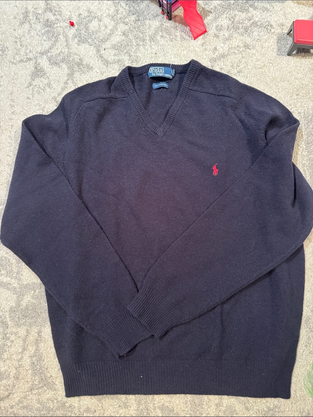 Polo by Ralph Lauren Navy V-Neck Sweater with Red Pony 100% Lambs wool Size L